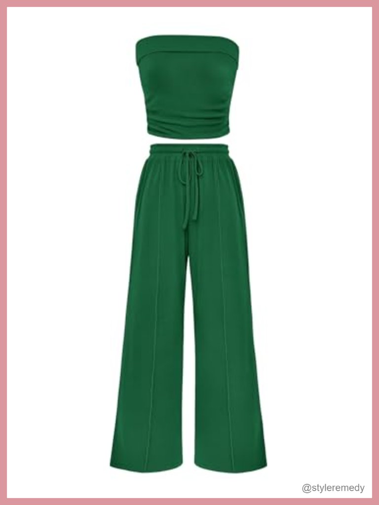 2 Piece Lounge Set Ribbed Knit Crop Tube Top & Wide Leg Pants